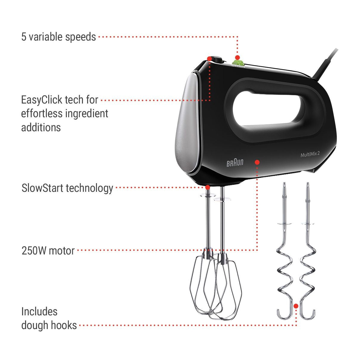 MultiMix 2 5-Speed Hand Mixer, Includes MultiWhisk Beater, 250W, Black U7C3 - product image 3