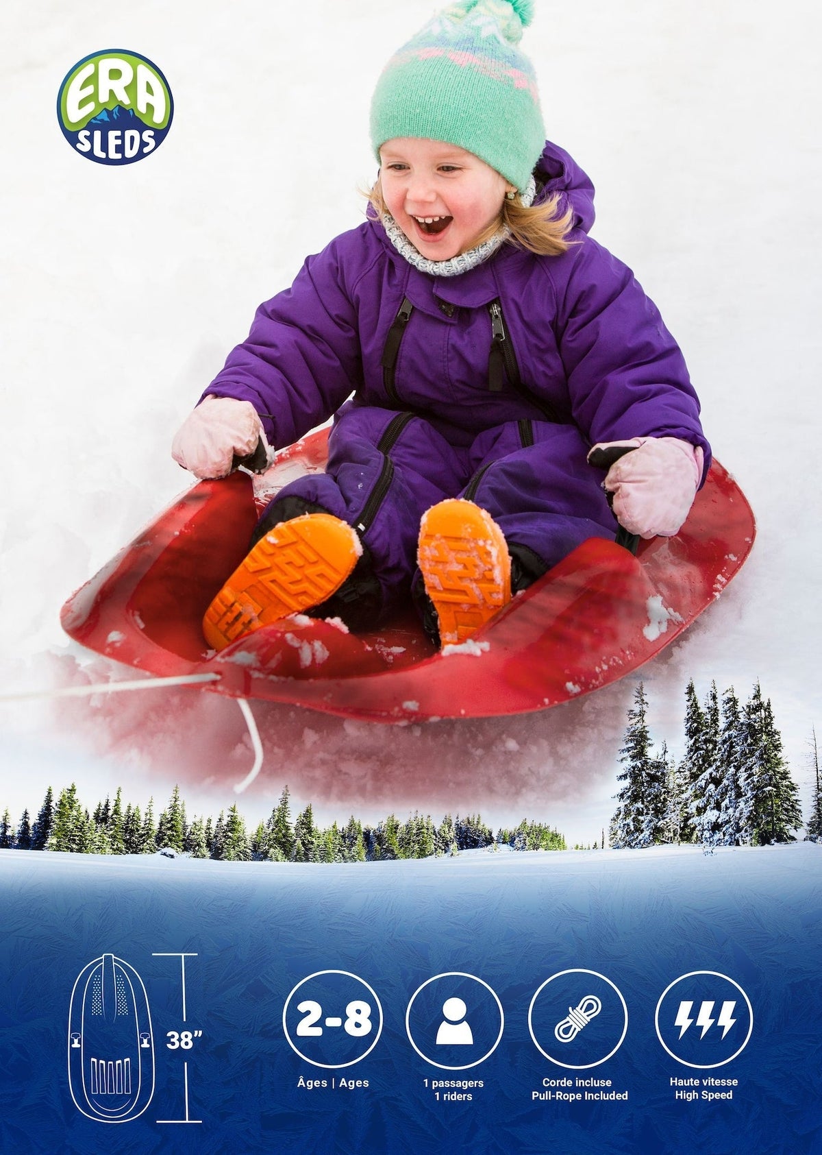 Blitz Kids' 1-Person Plastic Winter Snow Sled/Toboggan with Brakes & Tow Rope M5L3 - product image 3