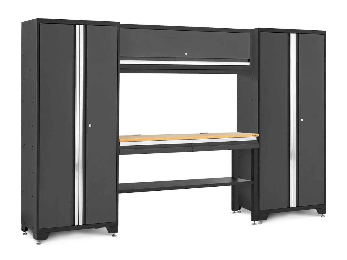 Bold 3.0 Series Lockable Steel Garage Cabinetry Set with Bamboo Top, Grey, 120-in x 18-in x 72-in, 5-pc E2R0 - product image 1