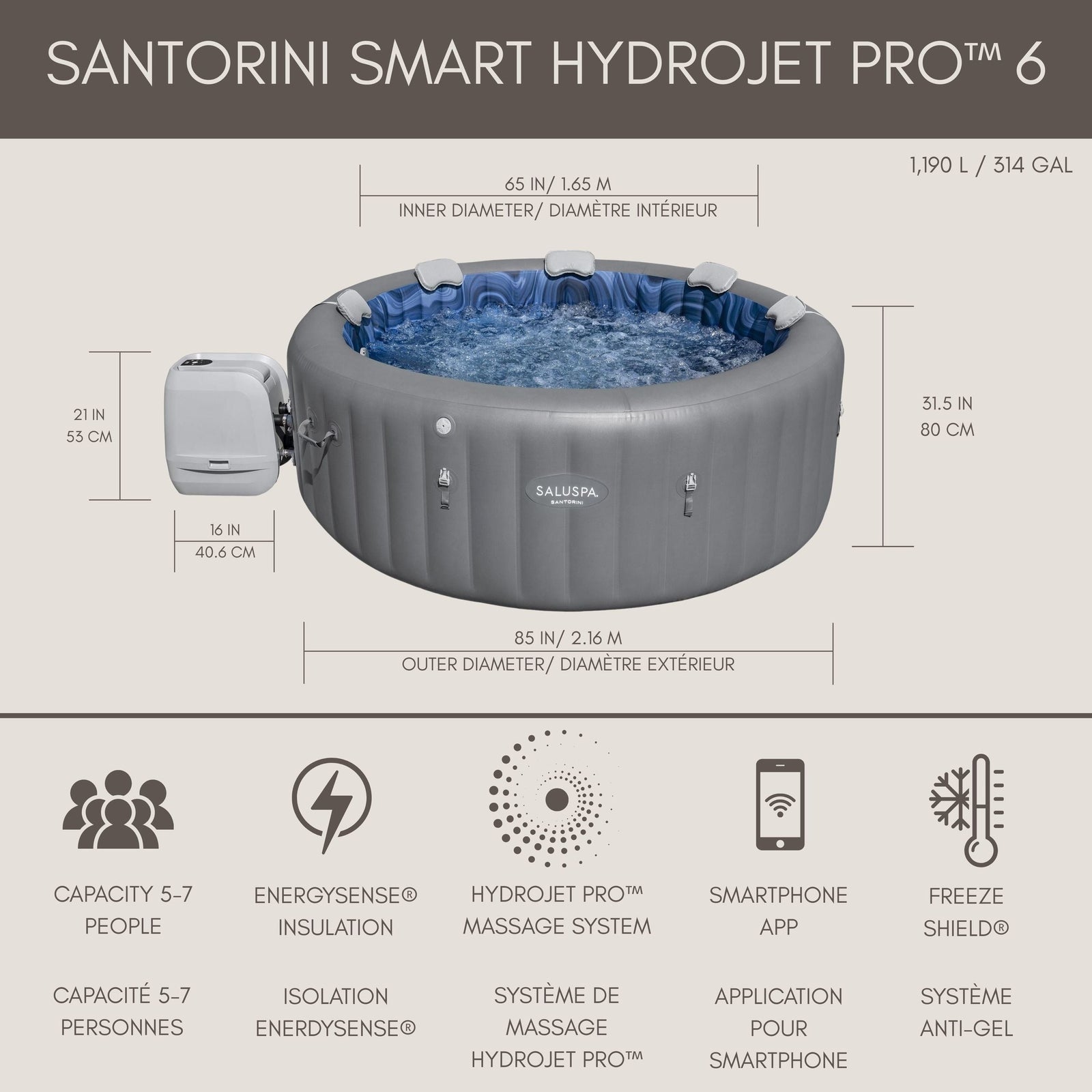 Spa Santorini Grey 7-Person Luxe HydroJet Pro Round Smart Spa, 85-in x 31.5-in R1C9 - product image 6