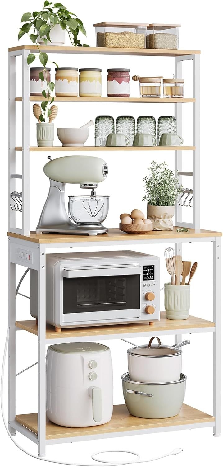 Home Oak/White Baker's Rack with 4 AC Outlets O6S3 - product image 1