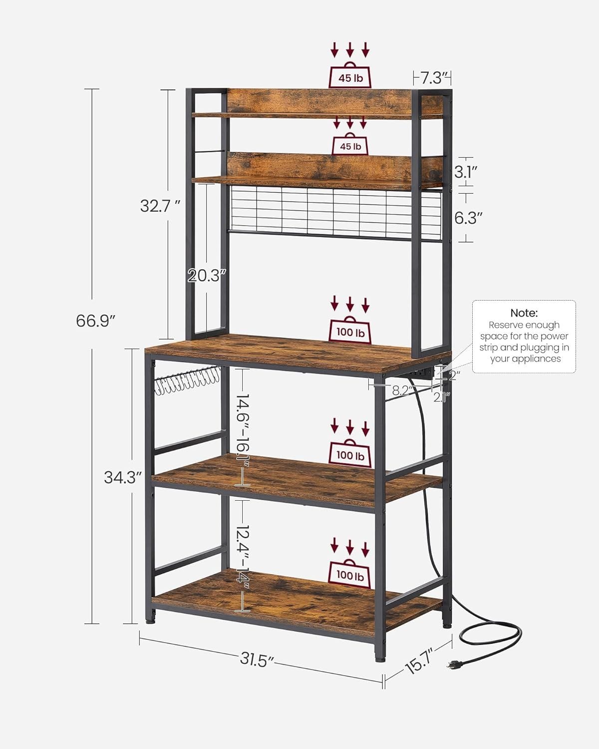 Home Rustic Brown Baker's Rack with Charging Station V9X6 - product image 8