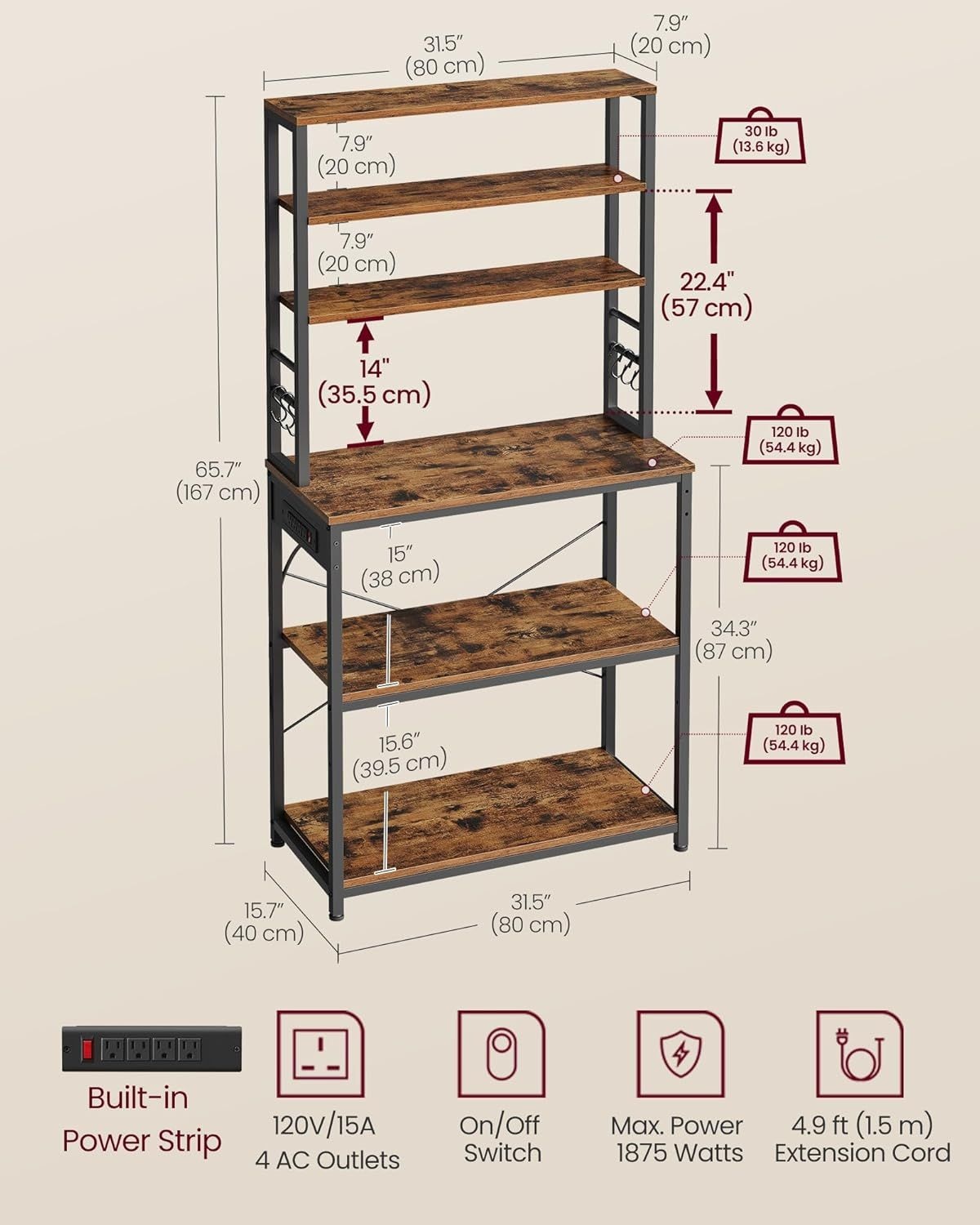 Home Small Rustic Brown Baker's Rack with 4 AC Outlets H7R2 - product image 5