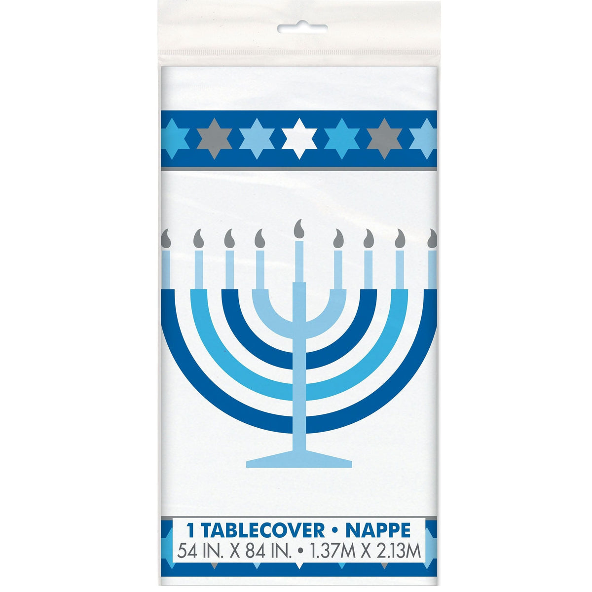 Rectangle Plastic Reusable Table Cover, White/Blue, 54x108-in, for Hanukkah R4Q4 - product image 1