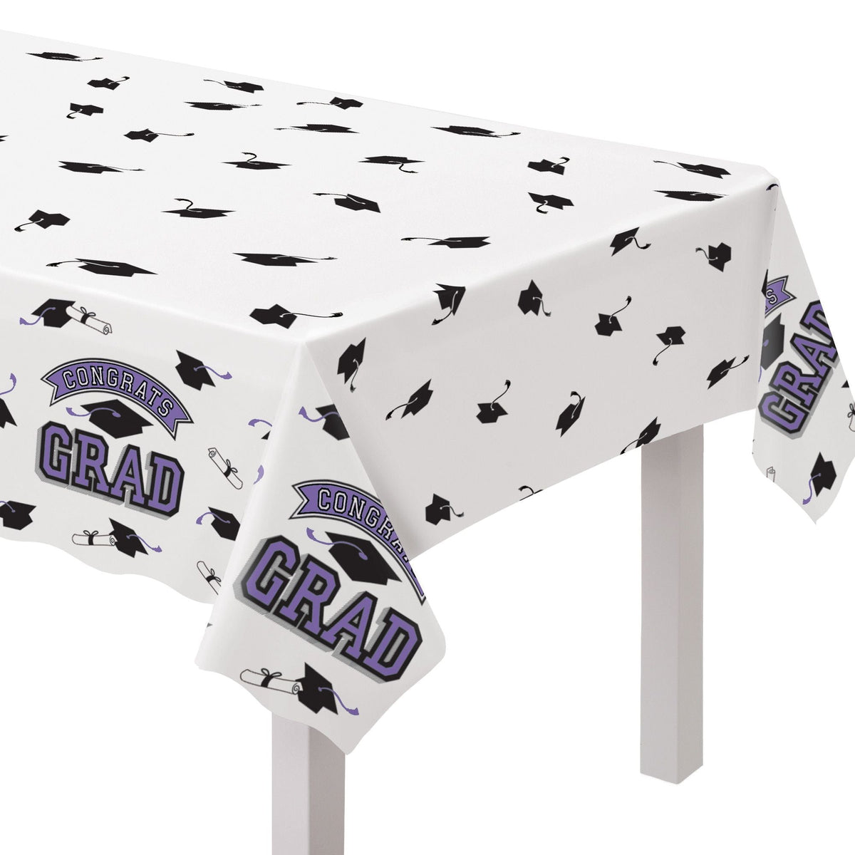 "Congrats Grad" Rectangle Plastic Reusable Table Cover, Purple, 54x84-in, for Graduation A4T9 - product image 1
