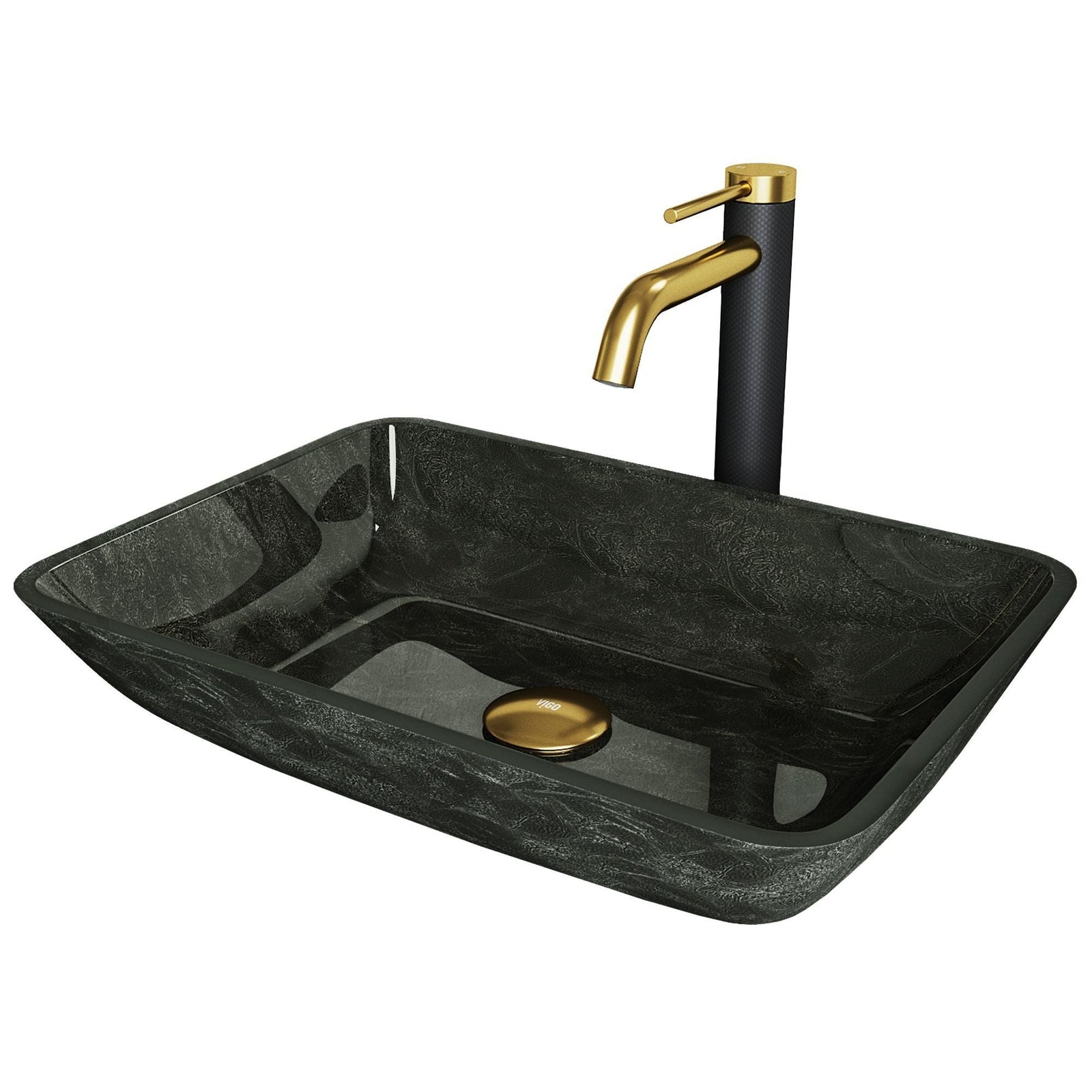 Glass Grey Onyx Bathroom Sink/Basin Set with Matte Gold Lexington Faucet and Rectangular Vessel T8C6 - product image 1