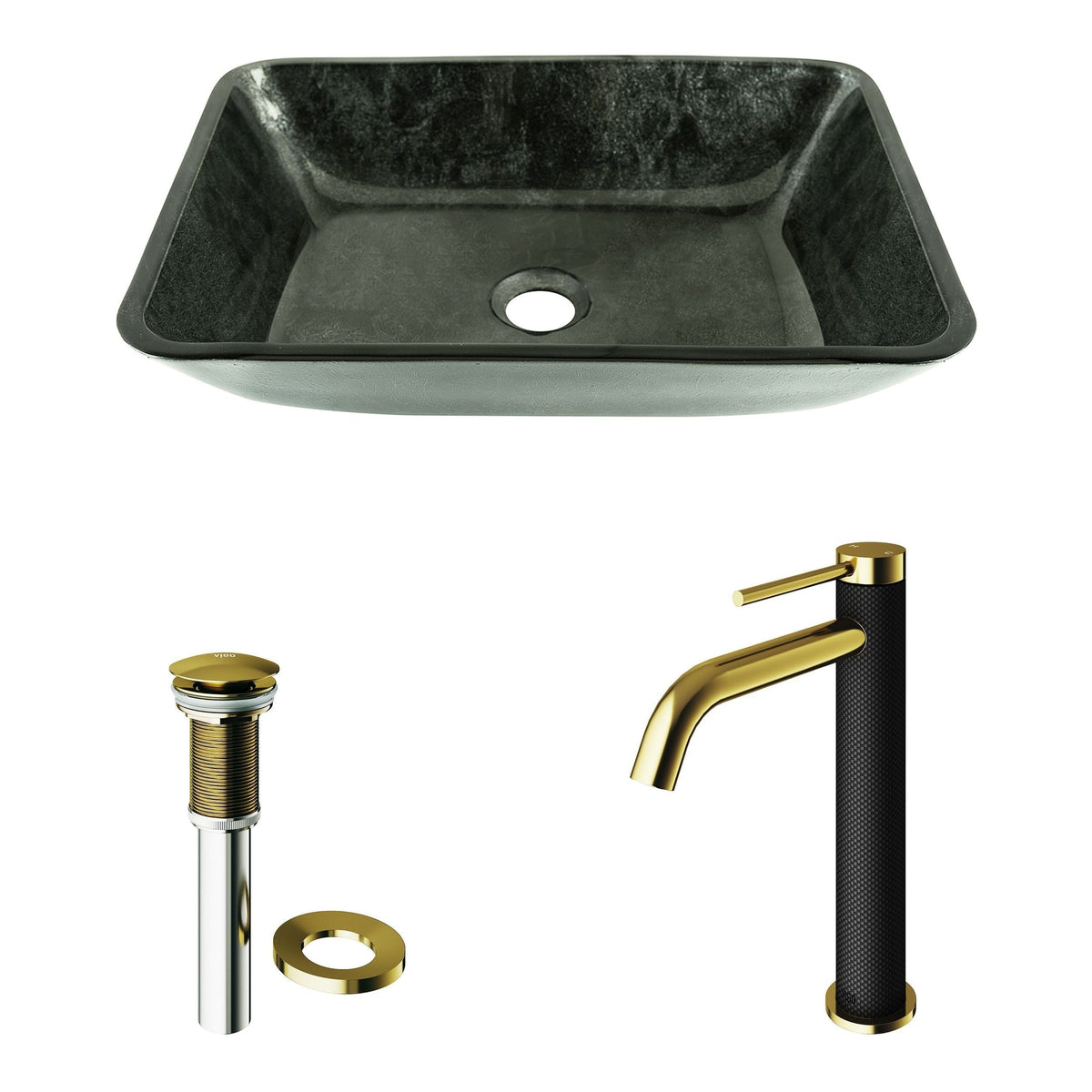 Glass Grey Onyx Bathroom Sink/Basin Set with Matte Gold Lexington Faucet and Rectangular Vessel T8C6 - product image 2