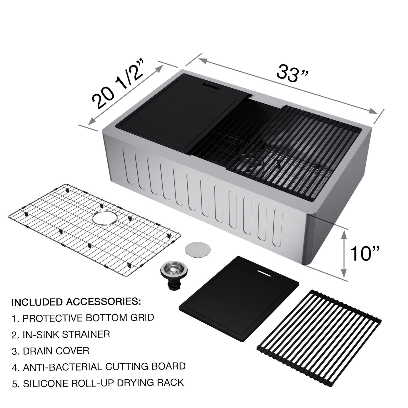 Oxford 1-Bowl Stainless Steel Apron Front Farmhouse Kitchen Sink with Accessories, 33-in J6K2 - product image 8