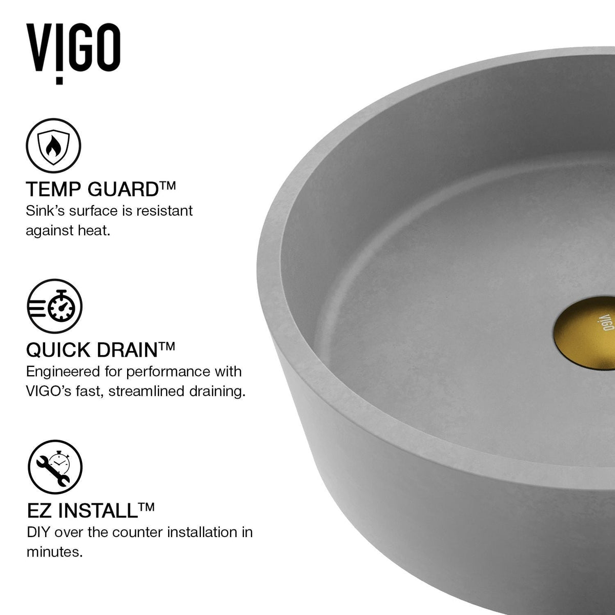 Palermo Gothic ConcretoStone Ash Grey Bathroom Sink/Basin Set with Niko Faucet and Round Vessel E9M7 - product image 5