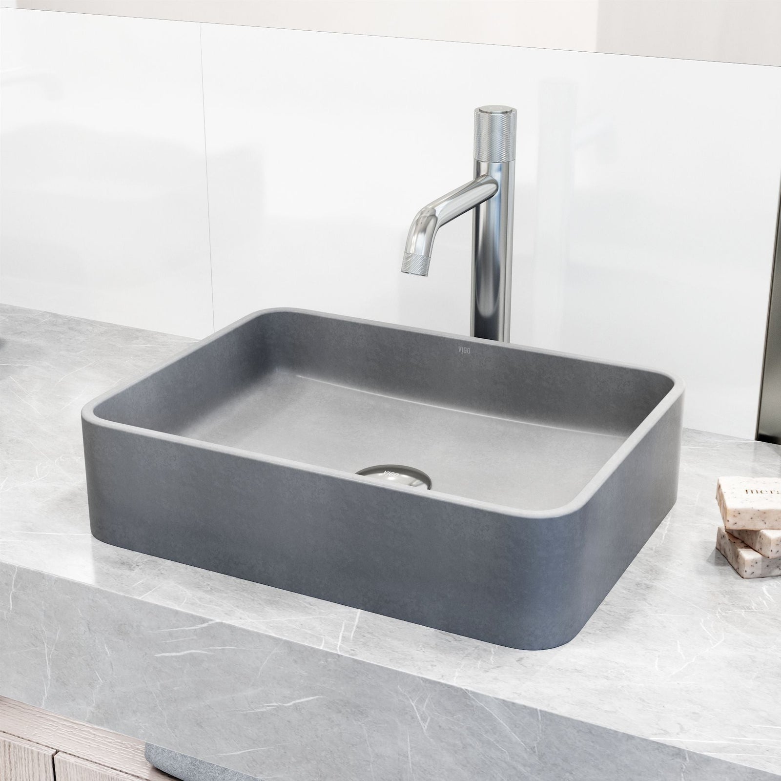 Segovia Gothic ConcretoStone Grey Bathroom Sink/Basin Set with Apollo Faucet and Rectangular Vessel B4I7 - product image 7