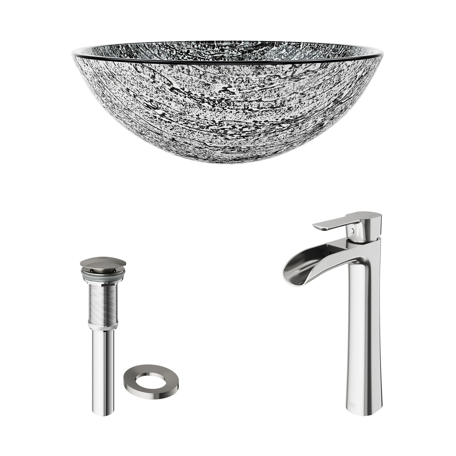 Titanium Glass Slate Grey Bathroom Sink/Basin Set with Niko Faucet and Round Vessel U2Z1 - product image 2