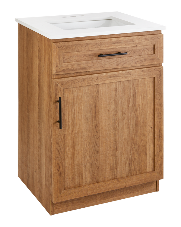 Danville Single Door Single Sink Stone Top Bathroom Vanity, Honey Oak, 24-in R1M8