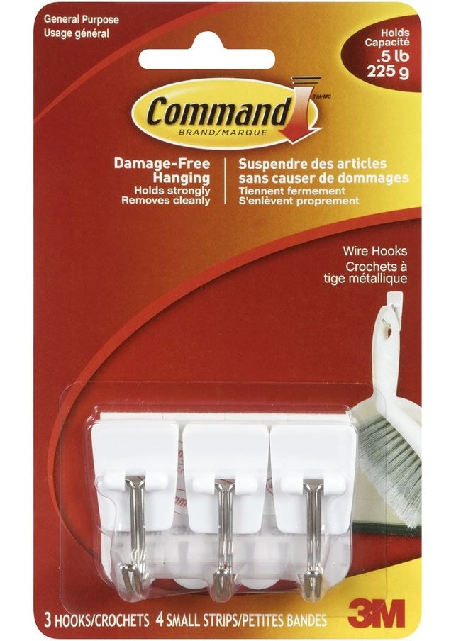 Micro Wire Utensil Hooks with Adhesive Strips, White, 0.5-lbs, 3 Strips Per Pack U4D7