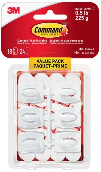 Mini Hooks Value Pack with Adhesive Strips, Clear, 0.5-lbs, 18 Strips per Pack K7C5