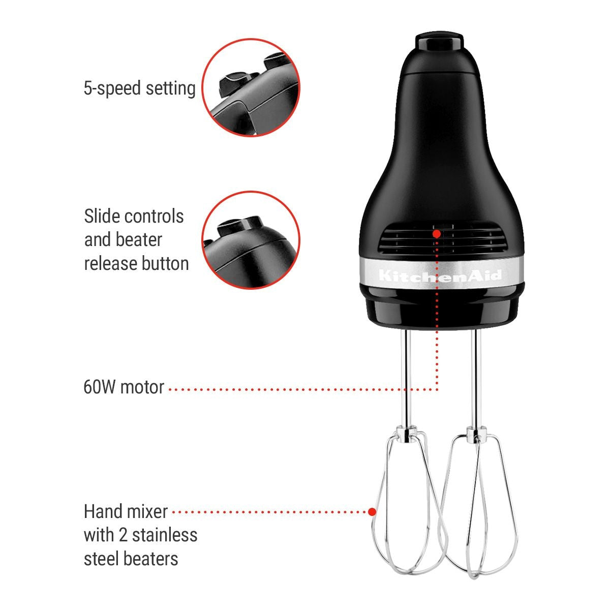 Kitchen Aid Compact 5-Speed Hand Mixer with Stainless Steel Accessories, Black X1J7 - product image 3