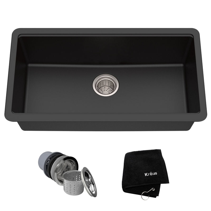 Quarza Undermount Granite Single Bowl Kitchen Sink, Black Onyx, 31x17x9-in V8O8