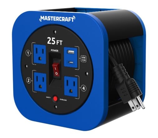 25-ft 13A 3-Outlet/1 USB-A and 1 USB-C Extension Cord Reel T0B9
