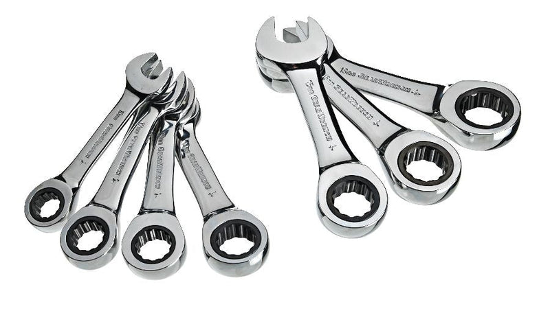 Stubby Ratcheting Wrench Set, Metric, Nickel-Chrome Plating, 7-pc S5J8