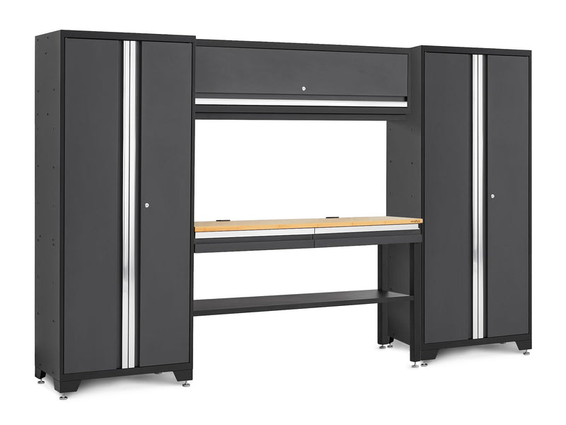 Bold 3.0 Series Lockable Steel Garage Cabinetry Set with Bamboo Top, Grey, 120-in x 18-in x 72-in, 5-pc E2R0
