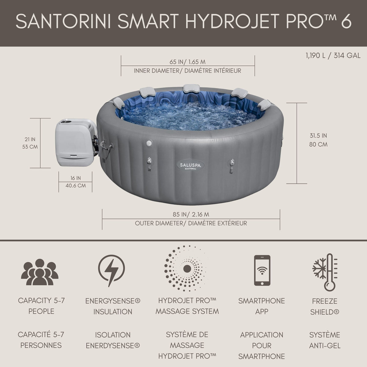 Spa Santorini Grey 7-Person Luxe HydroJet Pro Round Smart Spa, 85-in x 31.5-in R1C9 - product image 6