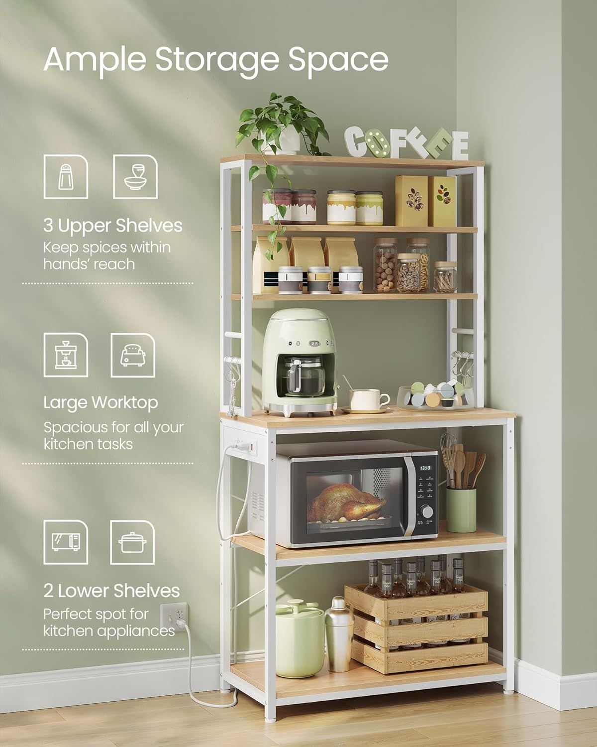 Home Oak/White Baker's Rack with 4 AC Outlets O6S3 - product image 5