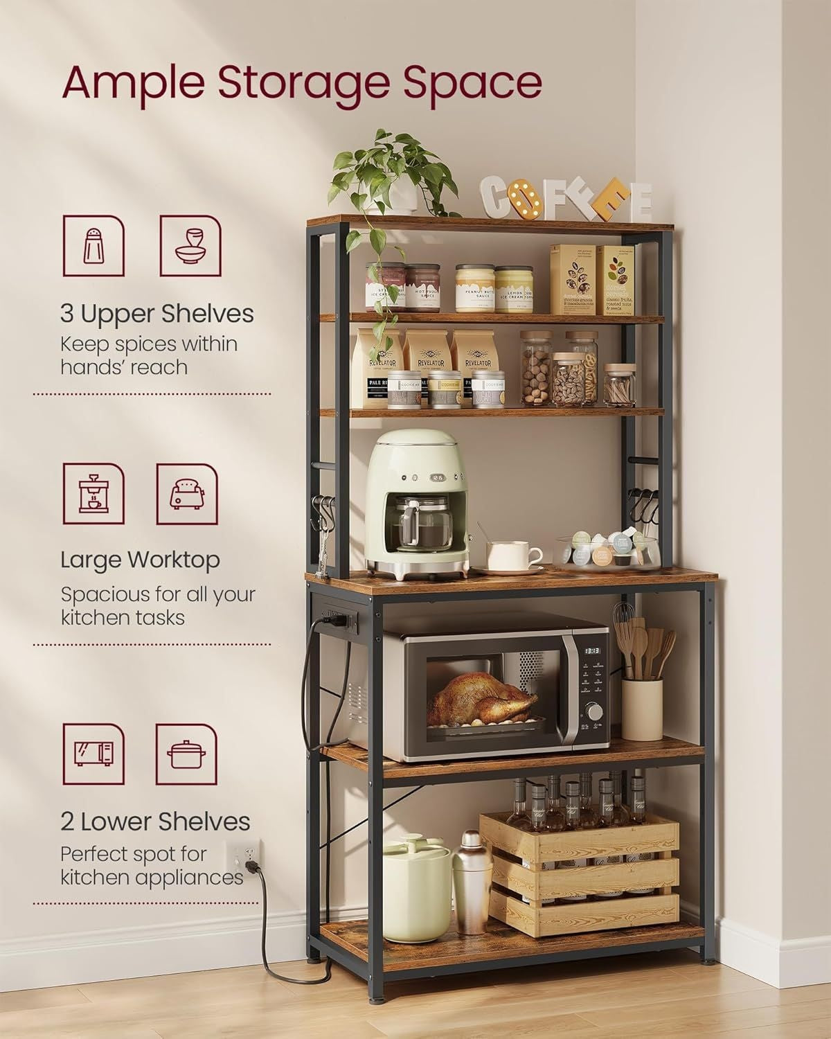 Home Small Rustic Brown Baker's Rack with 4 AC Outlets M4R8 - product image 6