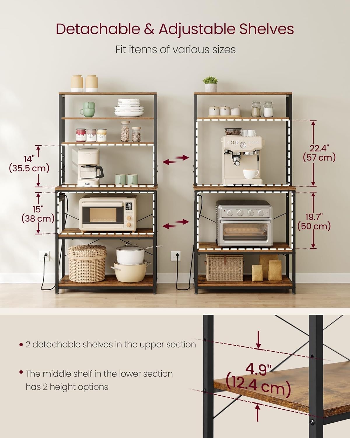 Home Small Rustic Brown Baker's Rack with 4 AC Outlets H7R2 - product image 8