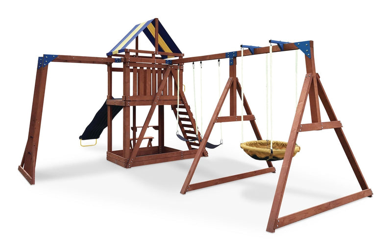 Grand Mesa Outdoor Wooden Play Centre, with Swings, Slide, Sandbox and More, Ages 5+ Z7V6