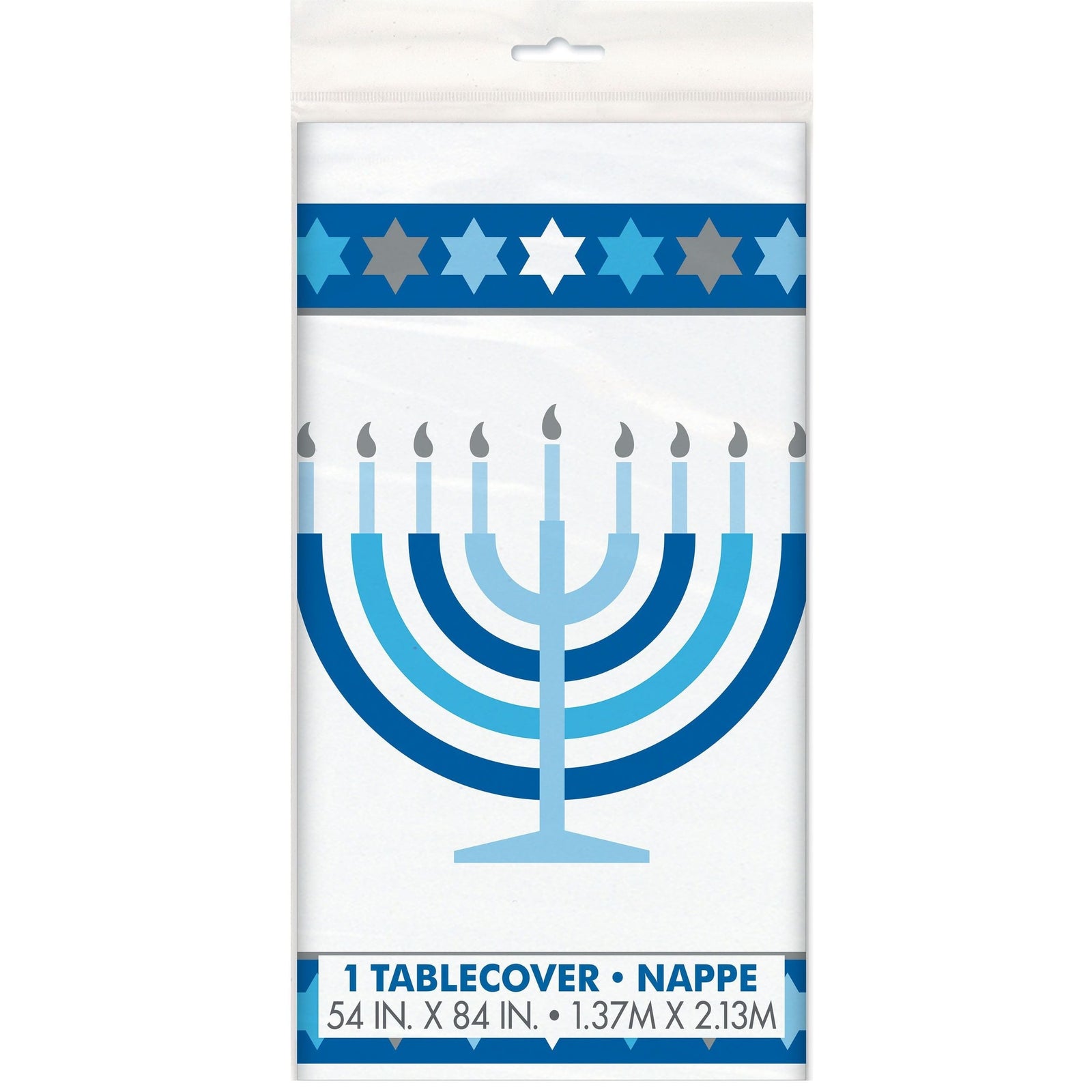 Rectangle Plastic Reusable Table Cover, White/Blue, 54x108-in, for Hanukkah R4Q4 - product image 1