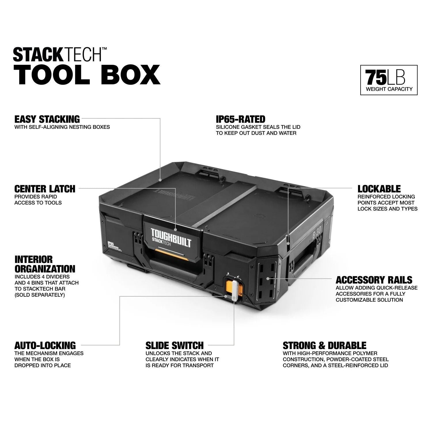 StackTech Top Portable Modular Plastic/Metal Tool Box with 4 Dividers and 4 Bins, IP65-Rated, Black G6P7 - product image 2