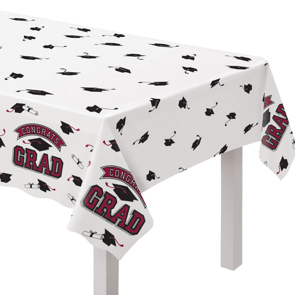 "Congrats Grad" Rectangle Plastic Reusable Table Cover, Maroon, 54x84-in, for Graduation X5R2