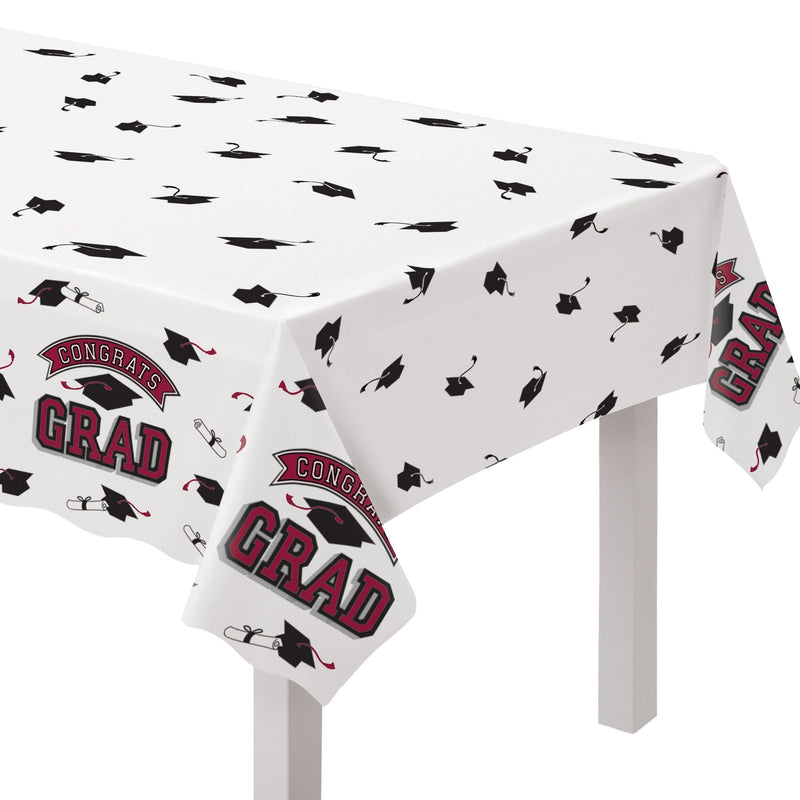 "Congrats Grad" Rectangle Plastic Reusable Table Cover, Maroon, 54x84-in, for Graduation X5R2