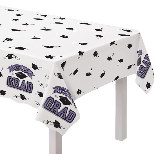 "Congrats Grad" Rectangle Plastic Reusable Table Cover, Purple, 54x84-in, for Graduation A4T9