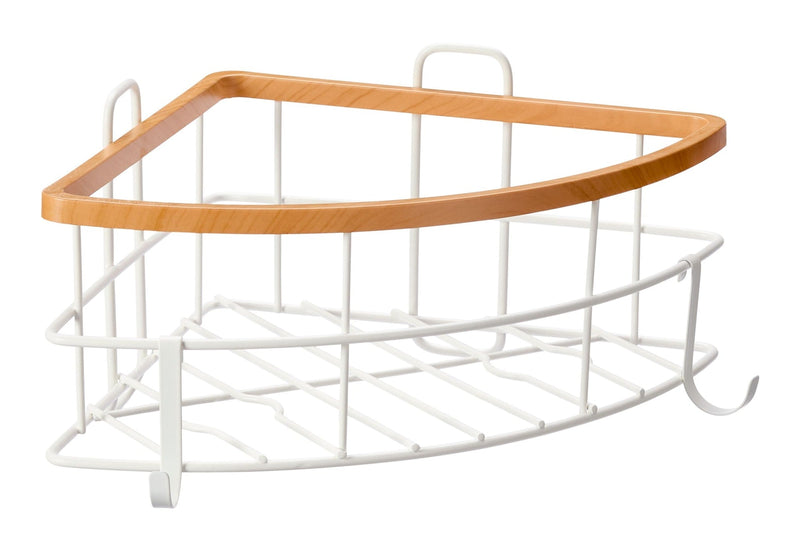 Type A Cubina Corner Wall Bin Shower Caddy with Hooks, White/Natural R1O2