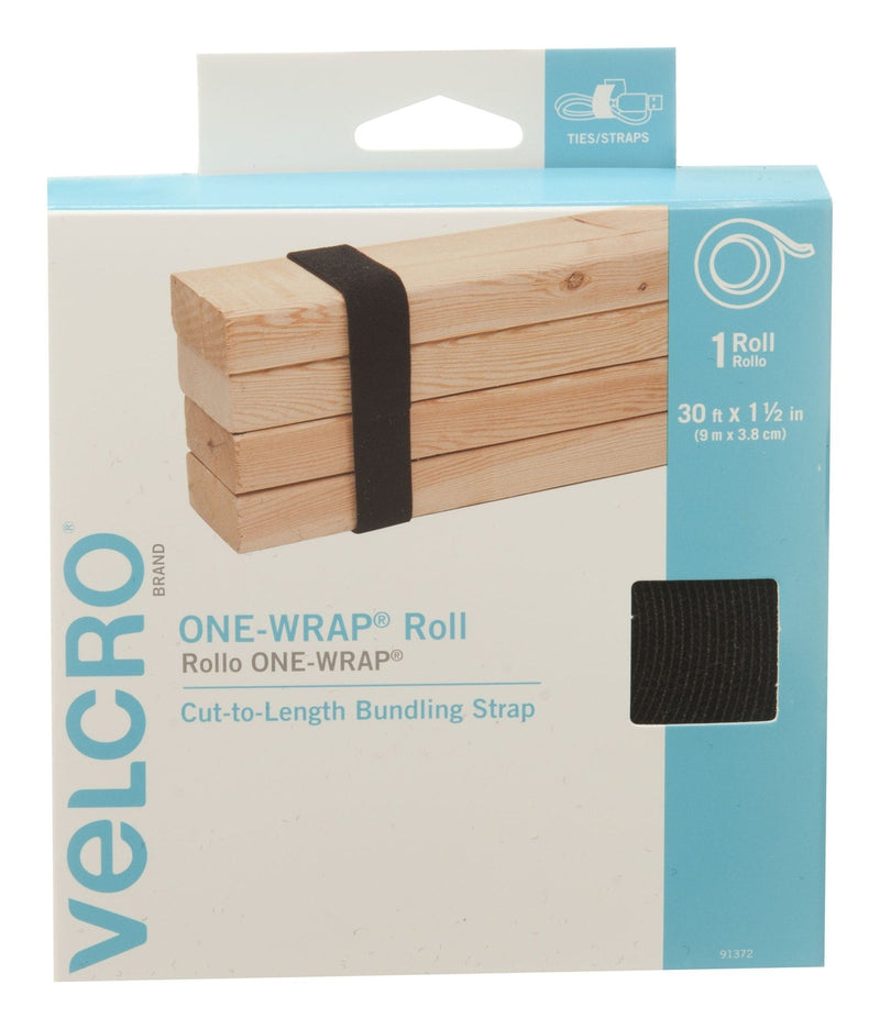ONE-WRAP Adjustable Reusable Hook and Loop Strap, Black Roll, 30-ft x 1-1/2-in, 1-pk H5I8