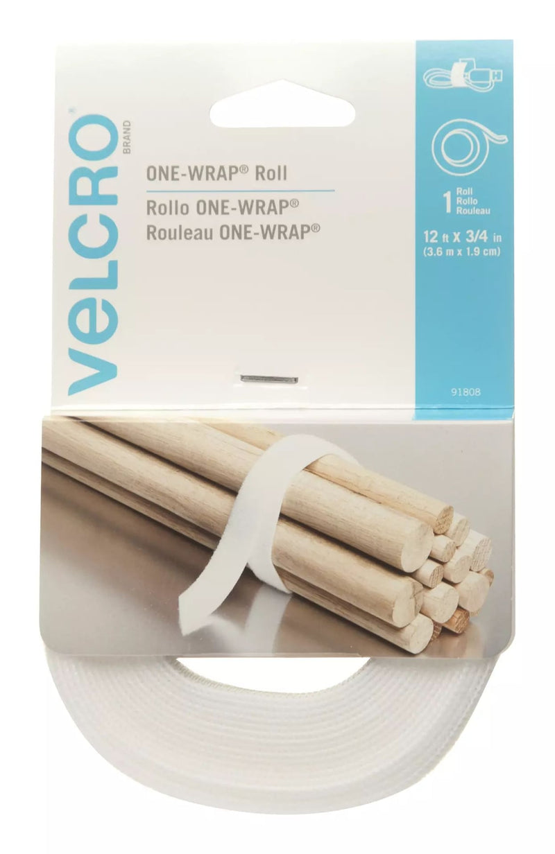 ONE-WRAP Adjustable Reusable Hook and Loop Strap, White Roll, 12-ft x 3/4-in, 1-pk M0J9