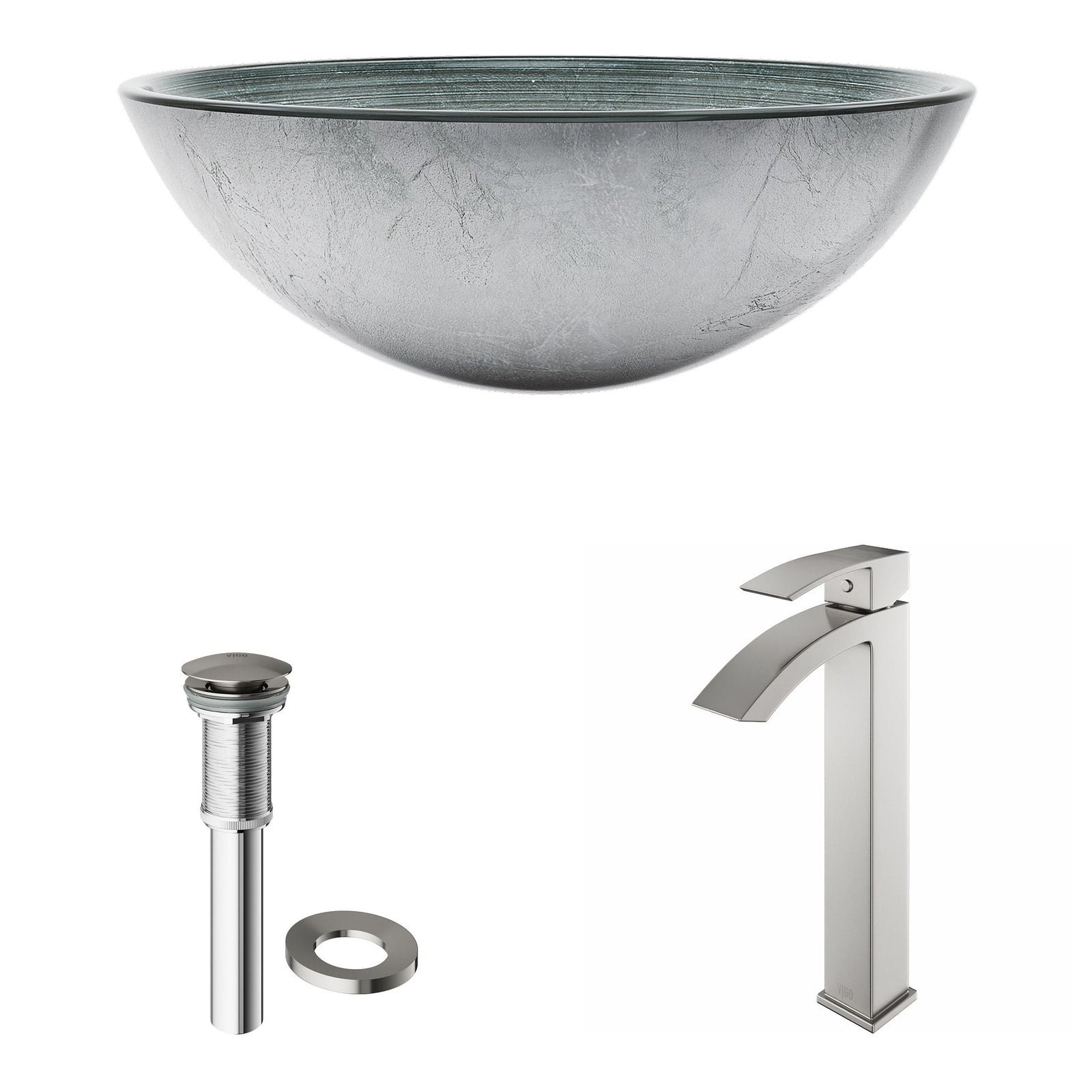 Glass Simply Silver Bathroom Sink/Basin Set with Duris Faucet and Round Vessel I4S3 - product image 2