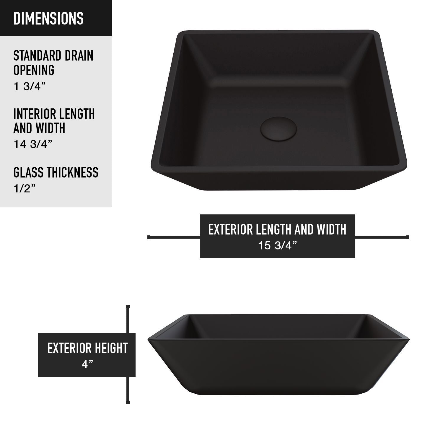 Roma Glass Square Vessel Bathroom Sink/Basin with Rounded Edges & Deep Bowl, Black X6O4 - product image 4
