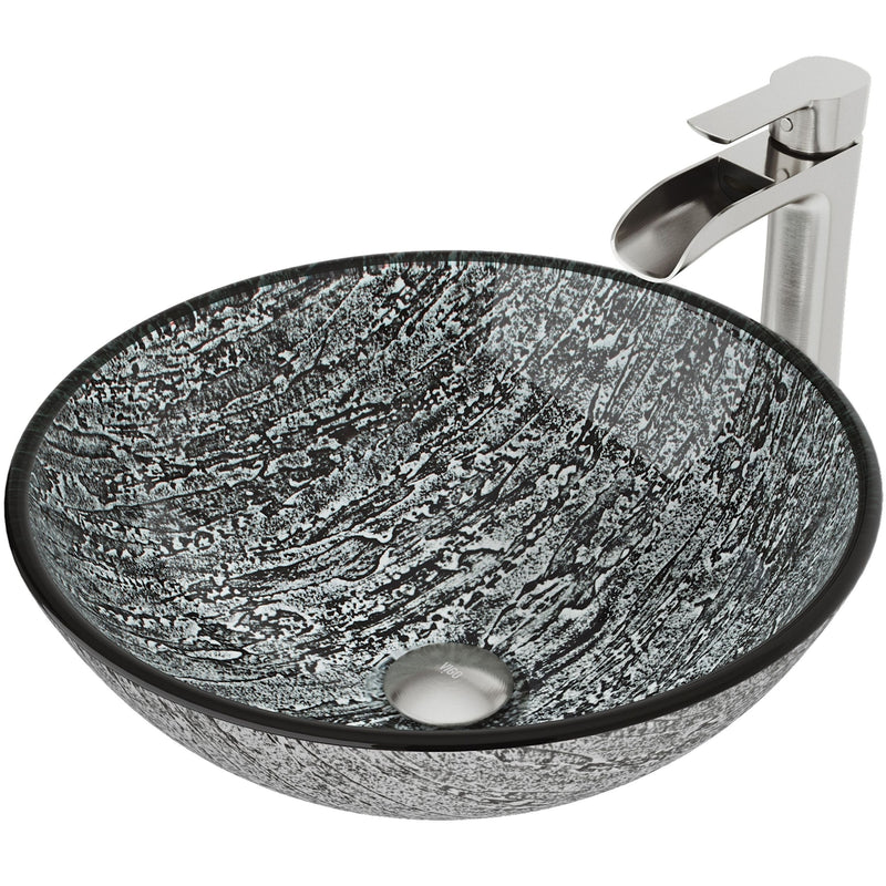 Titanium Glass Slate Grey Bathroom Sink/Basin Set with Niko Faucet and Round Vessel U2Z1
