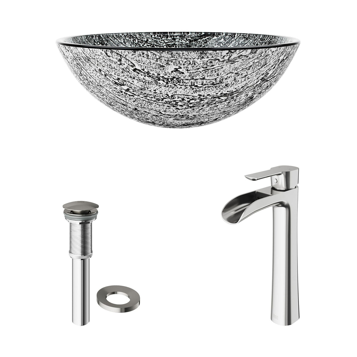 Titanium Glass Slate Grey Bathroom Sink/Basin Set with Niko Faucet and Round Vessel U2Z1 - product image 2